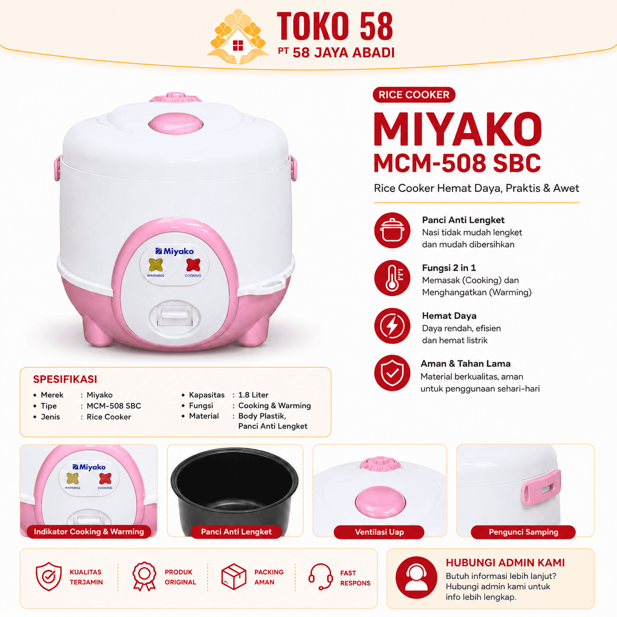Foto Miyako Rice Cooker MCM-508 SBC Pink Putih