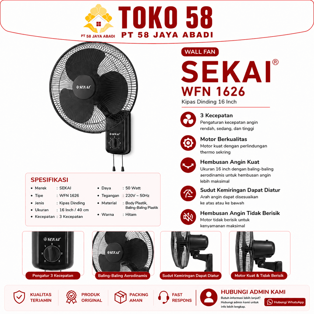 Foto SEKAI Wall Fan WFN 1626 Hitam