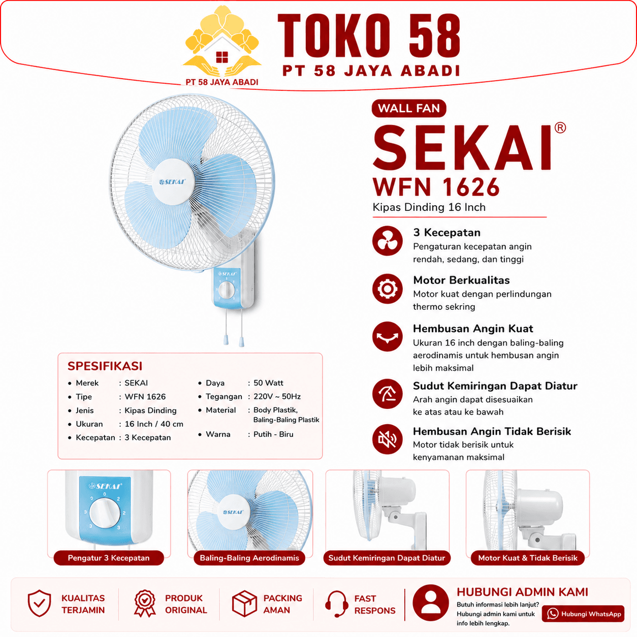 Foto SEKAI Wall Fan WFN 1626 Putih Biru